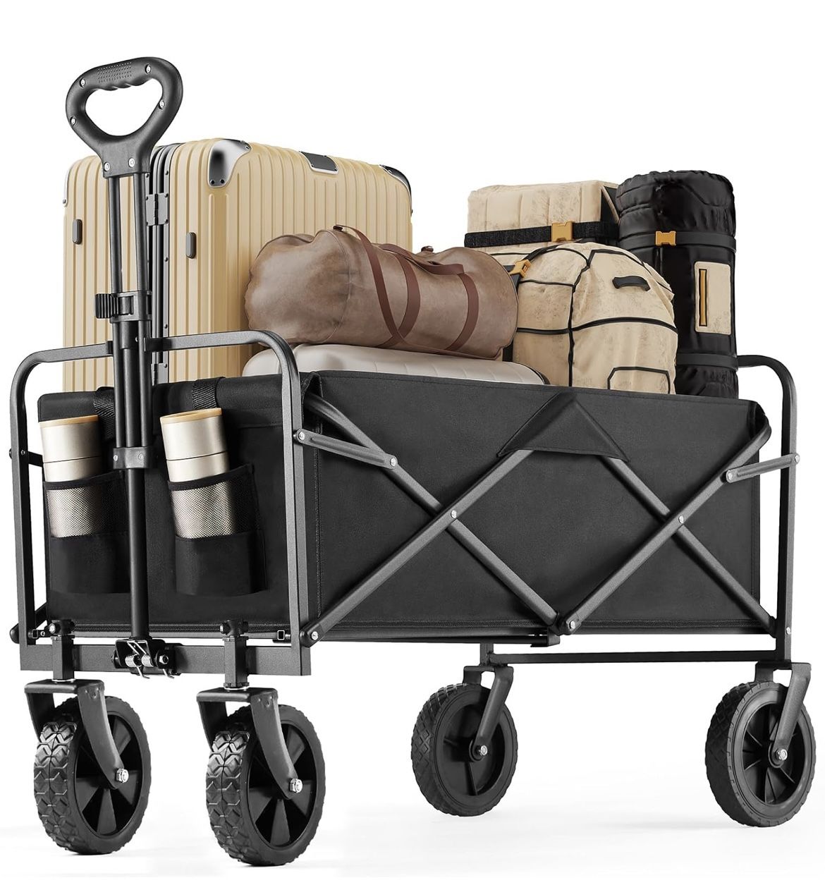 Collapsible Wagon Cart Foldable, Heavy Duty Folding Wagon with Wheels, Lightweight Portable Folding Utility Shopping Cart for Grocery Sports Gar