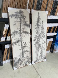 Set of 2 Framed Tree Canvas Wall Art | Minimalist Black & White Forest Prints | 60” x 20” Each