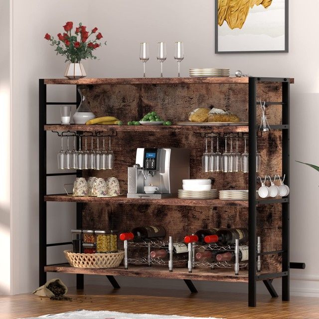 Home Bar Unit, Industrial Liquor Bar Cabinet Table with Stemware Racks Storage and Footrest, Freestanding Mini Bar Wine Cabinet for Home Kitchen Pub