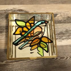 Box stain glass suncatcher bird mirror container jewelry vintage