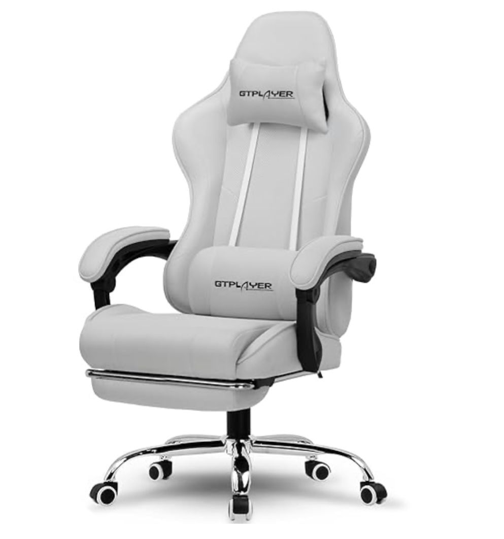 GTPLAYER Gaming Chair, Grey, Faux Leather Height Adjustable, with Footrest