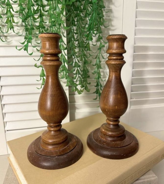 Vintage Pair Of Turned Wood Brass Inserts Candle Sticks Holders Home Decor Accent