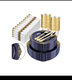 New in it’s box Nervure 350Pcs Blue Plastic Plates - Blue Gold Plastic Dinnerware Sets for 50 Guests