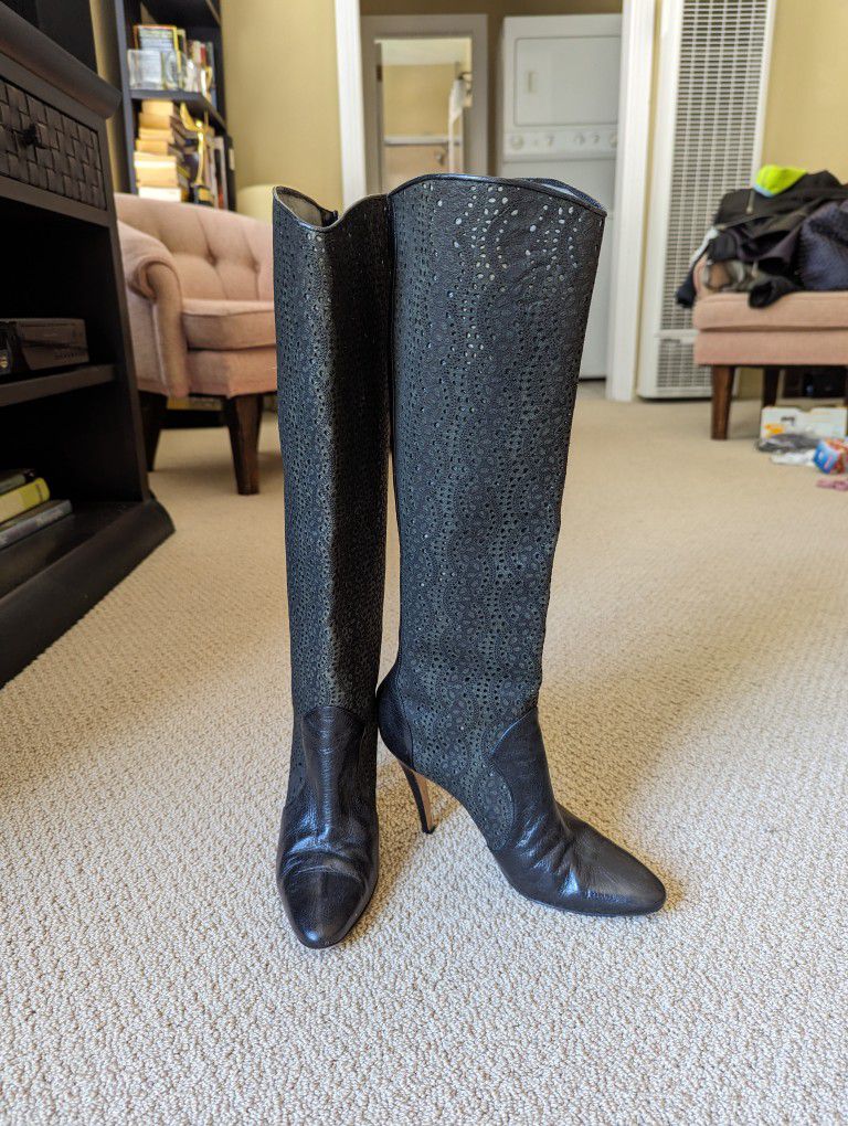 Manolo Blahnik Black and Green Laser Cut Leather Knee High Boots - SIZE 36