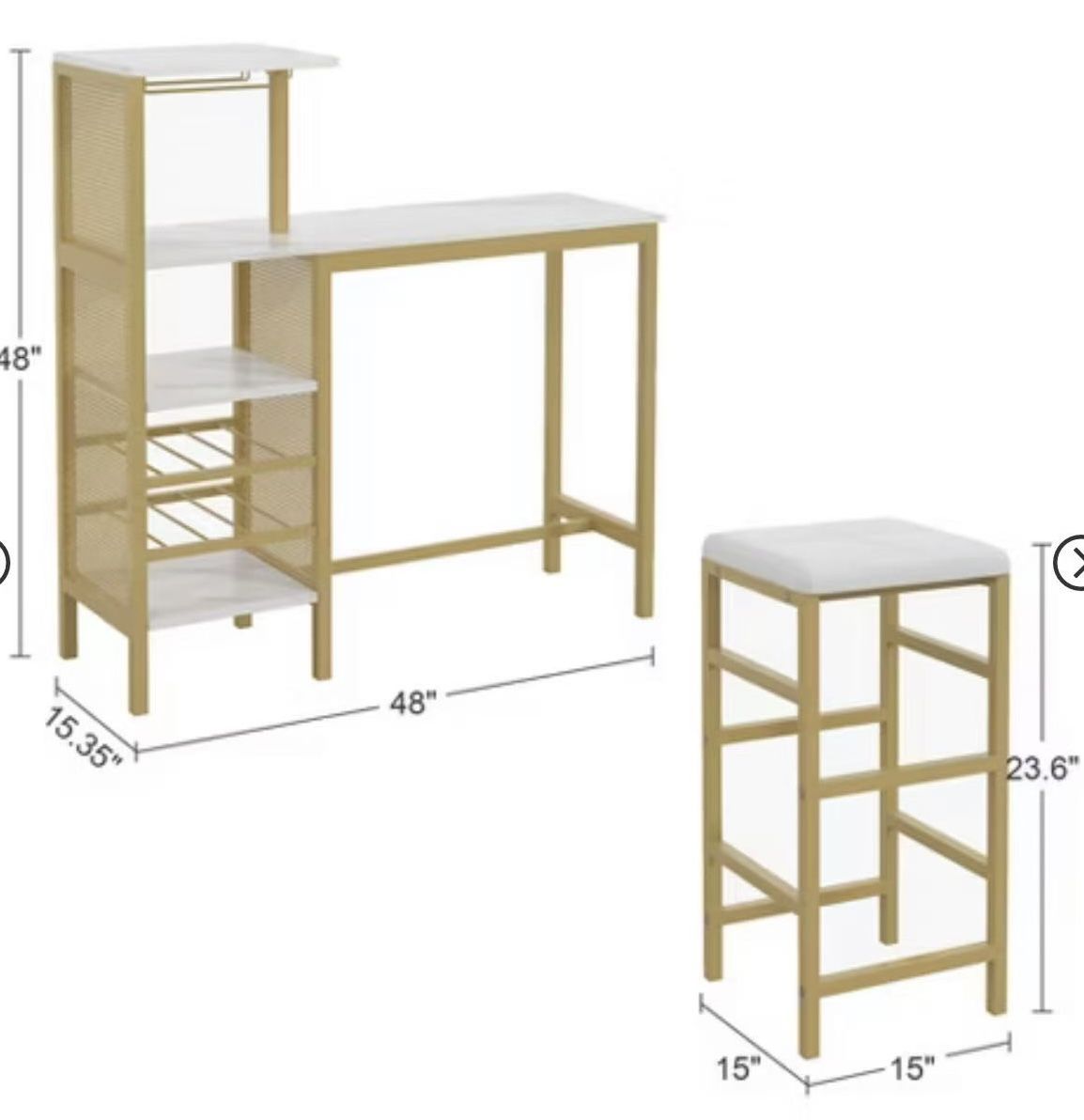 🥨3Pcs  Counter Height Dining Set Bar Table and Chairs Set for 2 with Cup Holder & Wine Rack, PU Leather Cushion Stools, Brown/Gold