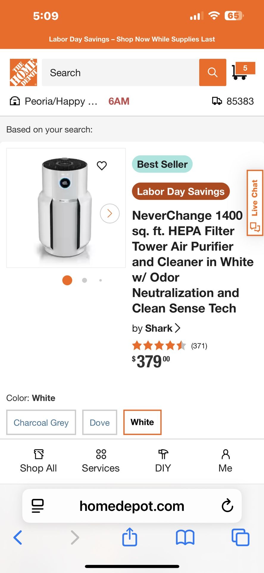 NeverChange 1400 sq. ft. HEPA Filter Tower Air Purifier and Cleaner in White w/ Odor Neutralization and Clean Sens