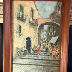 Vintage European Street Scene Oil Painting on Canvas Signed C. Lappin Framed