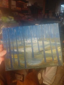 Oil Painting Signed J. Haynes Blue Trees 12x9" CanvasOil Painting Signed J. Haynes Blue Trees 12x9" Canvas