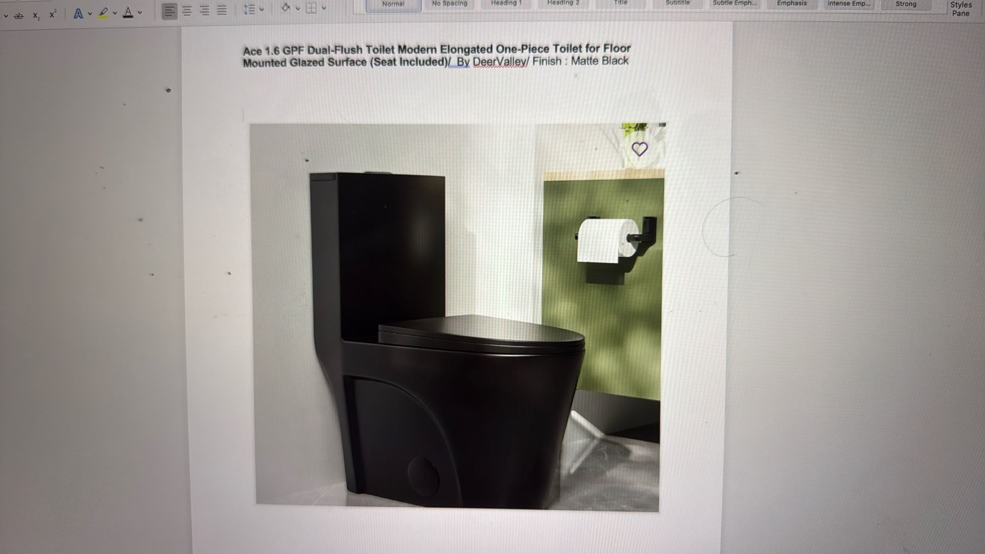For Sale: Brand New DeerValley Matte Black Modern Elongated One-Piece Toilet (Still in Box)