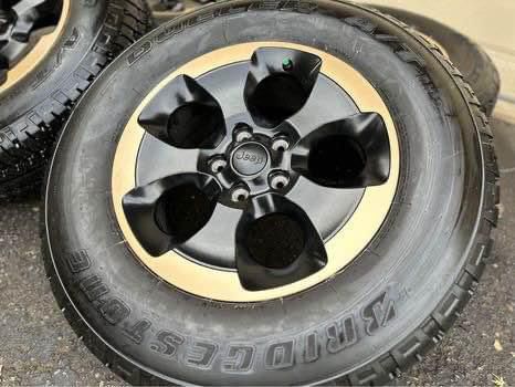 Bronze 18” Jeep Wrangler Dragon Edition Black & Gold Wheels Rims and A/T Tires Rubicon Gladiator P255/70R18 255/70R18 Cherokee 18 Inch