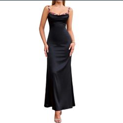 Women's Satin Bodycon Maxi Dress Floral Spaghetti Strap Sweetheart Neckline Formal Wedding Guest Party Dresses