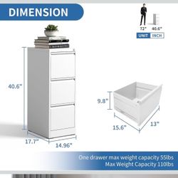 3 Drawer File Cabinet with Lock, Metal Vertical Filing Cabinets for Home Office, Steel Storage Cabinet for Hanging Legal/Letter Size Files, Assembly R