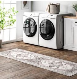 Gray and White Medallion Runner Rug