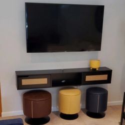 Black Sleek Minimalist Boho 2 Door 58” Floating TV Stand with in Rattan Doors 