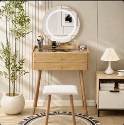 Brand New Small Vanity Desk With 3 Modes Lighted Mirror & Stool, Compact Vanity With 6-grid Organizer