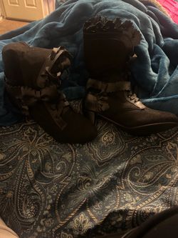 Black Lace-Up Ankle Boots with Ruffle Detail