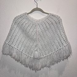 Off White Crochet Poncho with Fringe