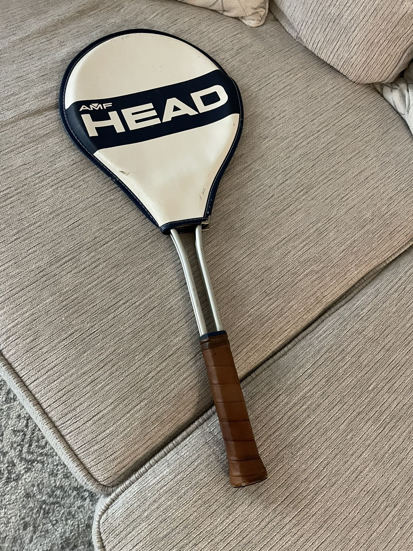 Vintage 1970s AMF Head Master blue and silver aluminum tennis racket with cover