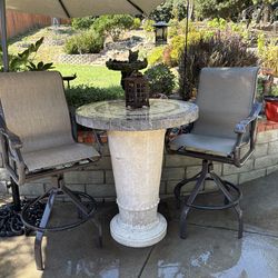 outdoor patio bistro table concrete or stone-look pedestal base and a tiled mosaic top w/2 Chairs