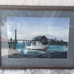 Original Painting Boats At The Harbor. Solid Wood Frame 