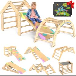 Pikler Triangle Set, 7-in-1 Foldable Pikler Triangle Climbing Toys Set for Kids,Baby Indoor Playground Jungle Gym, Wooden Montessori Climbing Set for 