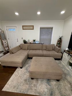 Beige Sectional Sofa with Ottoman