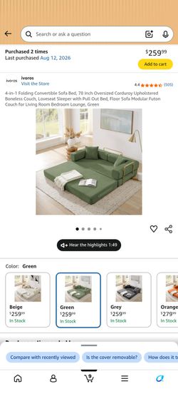 4-in-1 Folding Convertible Sofa Bed, 78 Inch, Green w/ Gold
