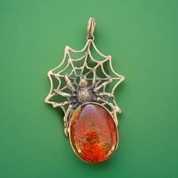 Sterling Silver Bug Pendant Spider Web Necklace With Baltic Amber 925 Poland 