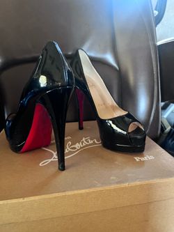 Christian Louboutin Black Patent Peep-Toe Pumps with Red Soles