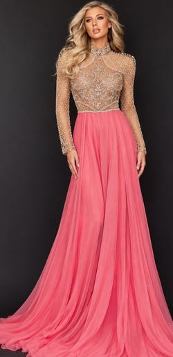 $2500 Designer Couture Gown Coral Silver Beaded Embellished Long Sleeve Formal 4