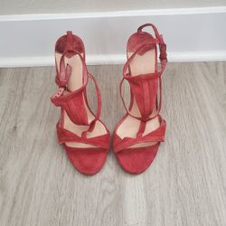 Tony Bianco Red Strappy Faux Suede Heels Clear Heel Block Size: 7 Pre-Owned 