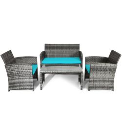 4-Piece Rattan Patio Conversation Set, Green Cushions