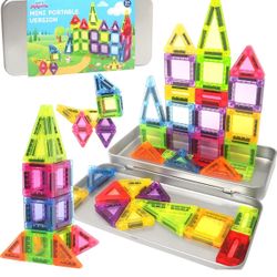 36PCS Mini Magnetic Tiles Travel Set for Kids, Portable Iron Box & Montessori Preschool Classroom Educational Learning Toys Gift for Ages 3+
