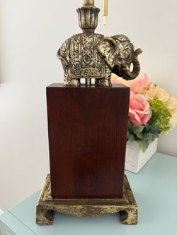 Vintage Table Elephant Lamp Bronze  Hollywood Regency Decor Wood Base Bombay