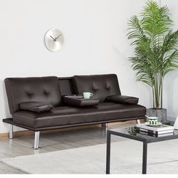 Couch / Futon Black with Armrest And Cup Holders 