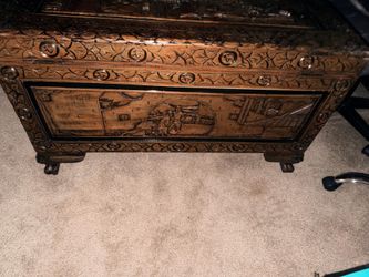 Vintage Hand-Carved Camphor Wood Chest – Intricate Asian Carvings & Ornate Brass Hardware
