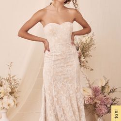 Lulu’s Thriving Romance Beige and White Lace Strapless Maxi Dress