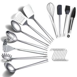 Kitchen Cooking Utensils Set 19 Pieces, Stainless Steel Heavy Duty Sturdy Kitchen Tool Set with Hooks, Metal Spatula & Spoon Set Ergonomic Hanging Han