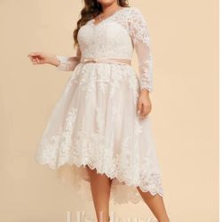 A-line V-Neck Asymmetrical Satin Tulle Lace Wedding Dress