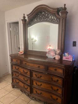 Vintage Wooden Dresser with Large Mirror 9 Drawers