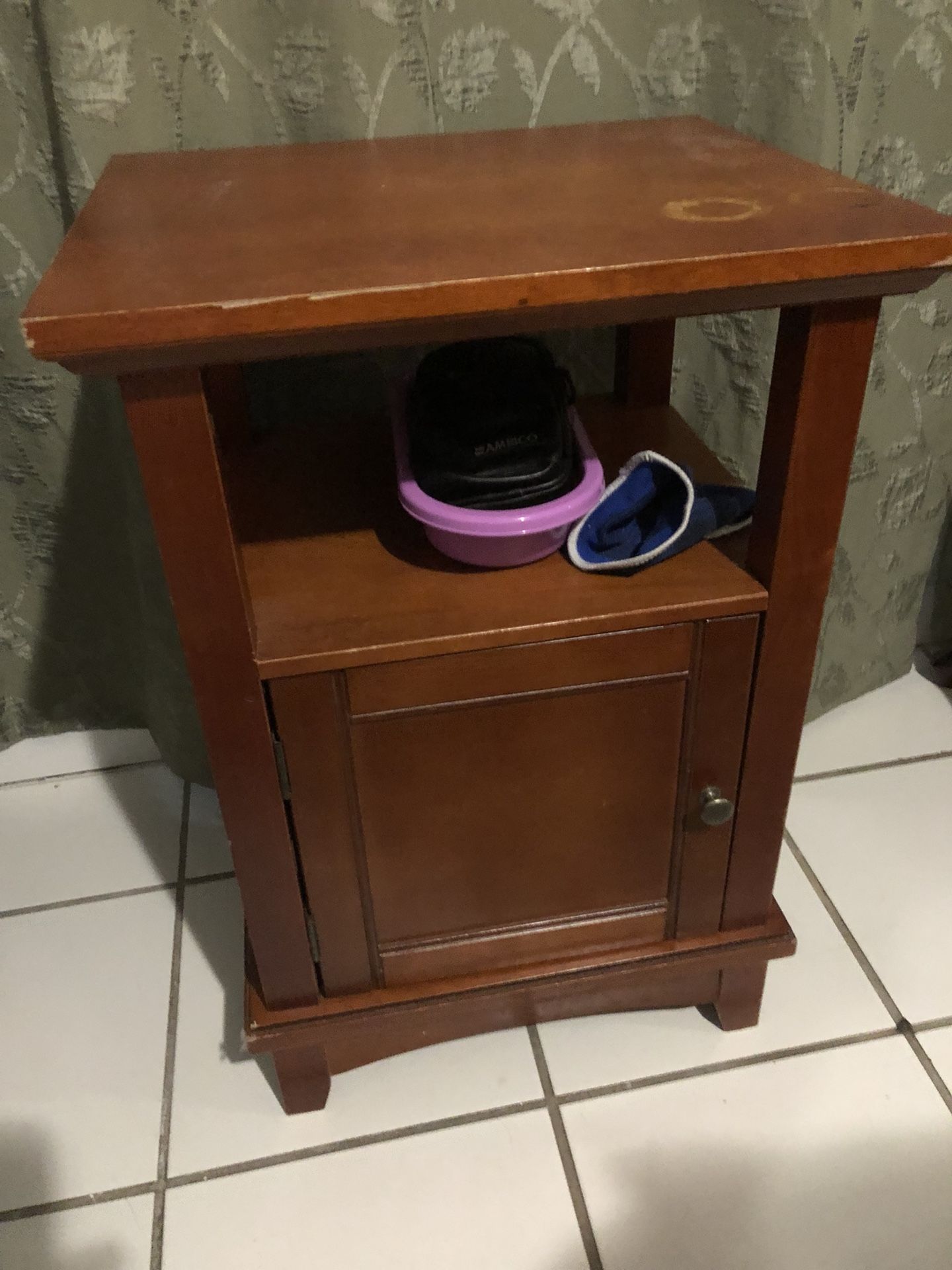 Solid wood pine color brown night stand or end table w 1 shelf & storage in Very good cond. $30.00 OBO