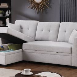 New! Light gray Fabric Reversible Sectional Sofa Bed, Sofabed, Sectional, Sectionals, Couch, Sofa, Sectional Sofa With Storage Chaise, Sectional Couch