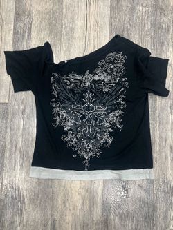 Black Graphic Tee with Rhinestone Cross Print