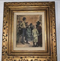 Vintage Hand painted Etched Engraved Signed Art  Victorian Street scene very good condition nice Gold wood frame, measures 15 inches x 17 inches and h
