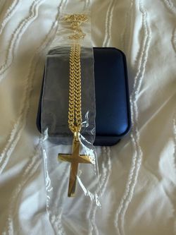 14K Gold Diagonal-Cut Cross Pendant Necklace with Cuban Chain