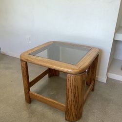 Vintage 1980’s Oak Wood Side Table Smoked Glass Top