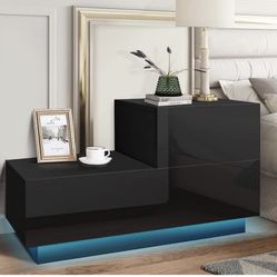  LED Nightstands Modern Design Bedside Table with 2 High Gloss Drawers Night Stand End Table with Storage Cabinet Home Furniture for Bedroom Black