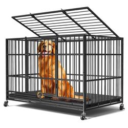 Dog Crates for Large Dogs, Upgraded 4 Lockable Wheels, Removable Door, Dog Kennel ndoor, Max Load 3 