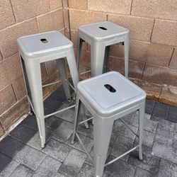 Set of 3 Lily 30” and 24” High Silver Metal Counter-Height Bar Stools – Indoor/Outdoor, Stackable