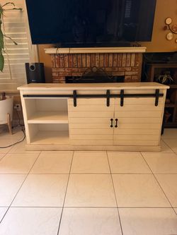 Farmhouse TV Stand Wood Entertainment Barn Doors Adj Shelves Storage White